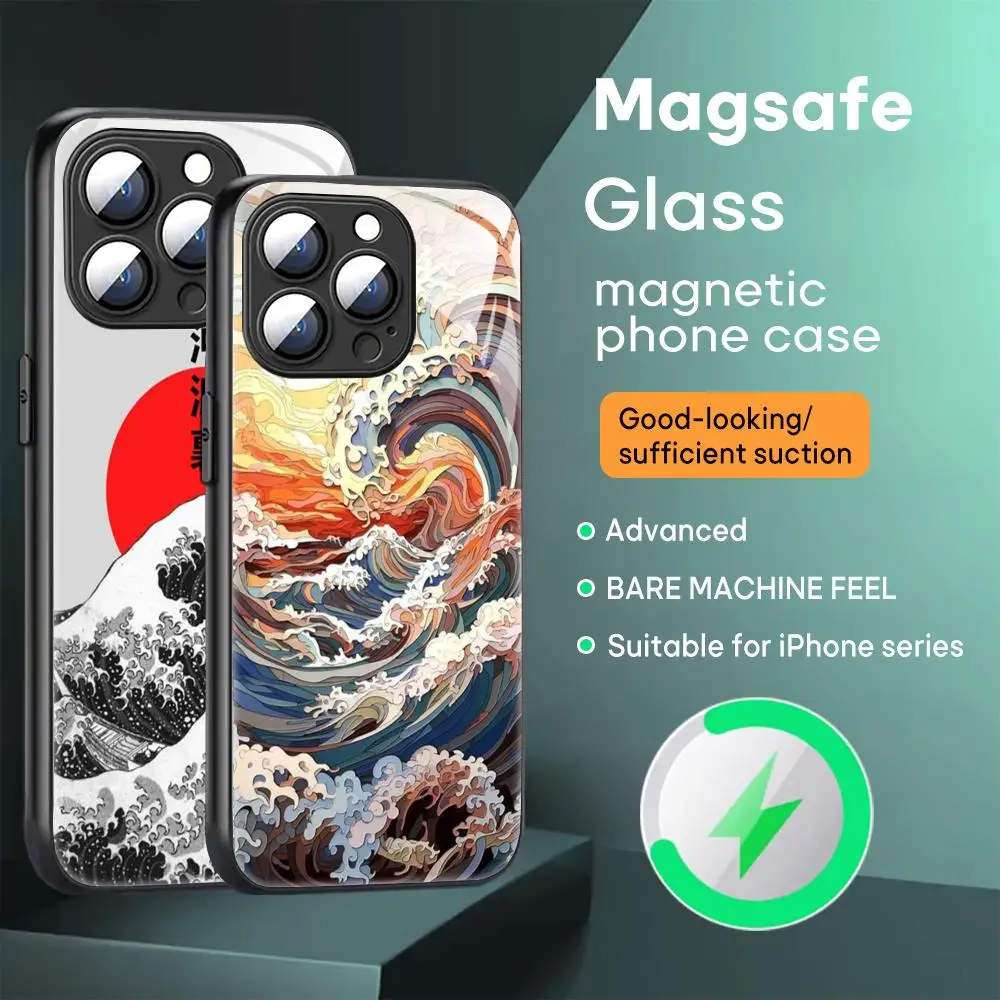 Japan The Great Wave Of Kanagawa Phone Case For iPhone 16 15 14 13 12 11 X XR XS 8 Plus Mini Pro Max Glass Magnetic Phone Case