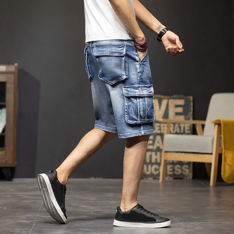 Idopy Men`s Jean Shorts Vintage Biker Motorcycle Hip Hop Cropped Multi Pockets Denim Cargo Shorts