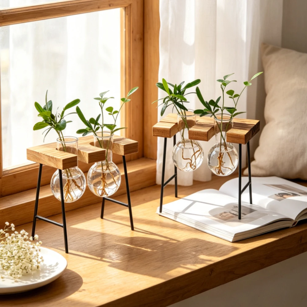 Plant Propagation Station Glass Bulb Vase Wooden Iron Stand Hydroponic Terrarium Desktop Planter for Home Bookstore Decoration