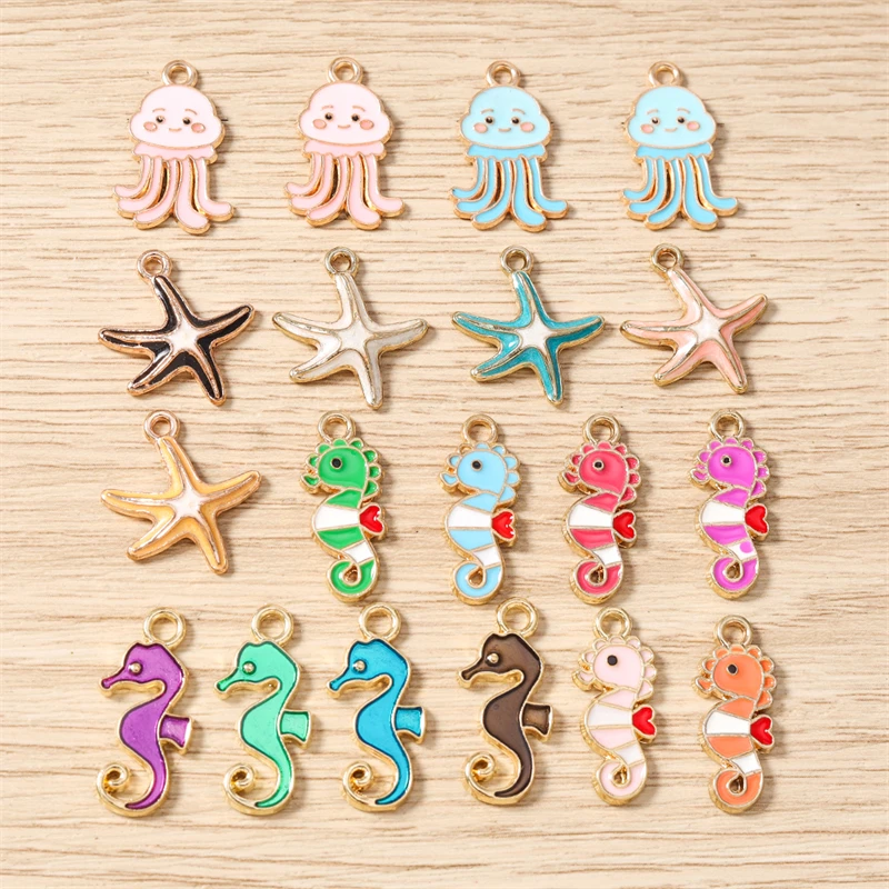 10 Stück Niedliche Meereslebewesen-Anhänger aus Emaille: Seepferdchen, Oktopus, Seestern für Schmuckherstellung, DIY-Ohrringe, Halsketten und Geschenke – Detail 1