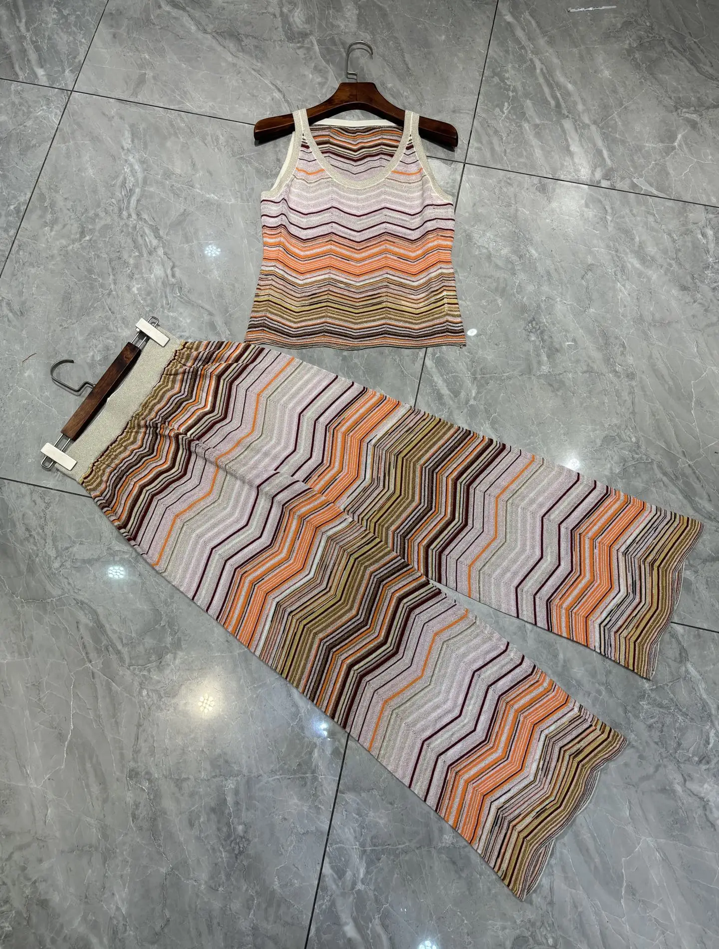 Women Chevron Sleeveless Sequins Metallic Tank Top + Elastic Waist Wide Leg Pants