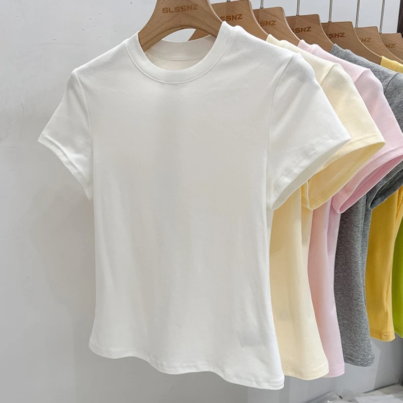 AOSSVIAO 2026 Summer Solid Color Women's Short Sleeve T-Shirt American Vintage Y2K Slim Basic O-Neck Tee Trendy Slim Fit Tops image 5