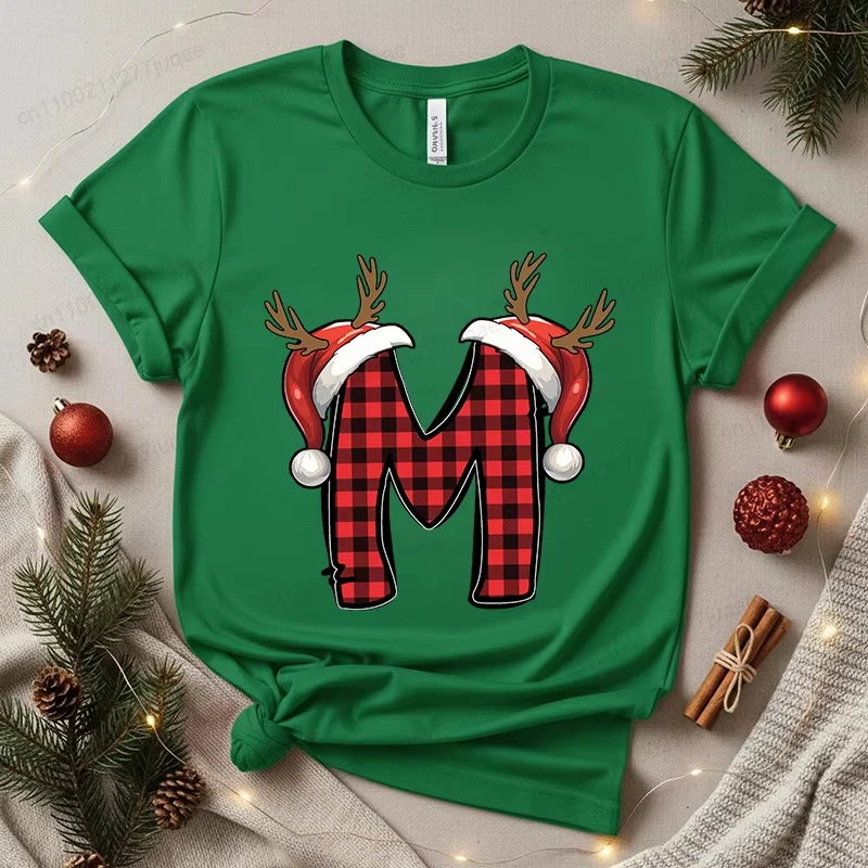 Damen-T-Shirt mit Weihnachts-Alphabet-Grafikdruck, kurzärmelig, lässiges Oberteil, personalisierbar, Weihnachtsmann, Familie, Weihnachtsdesign, Damen-T-Shirt