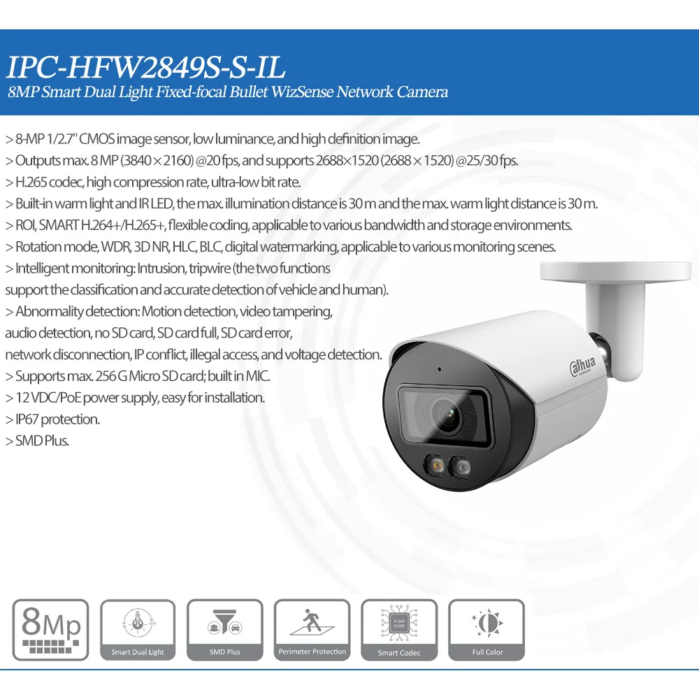 Dahua Original IPC-HFW2849S-S-IL 8MP Smart Dual Light Fixed-focal Bullet WizSense Network Camera Built in MIC SD Slot SMD Plus