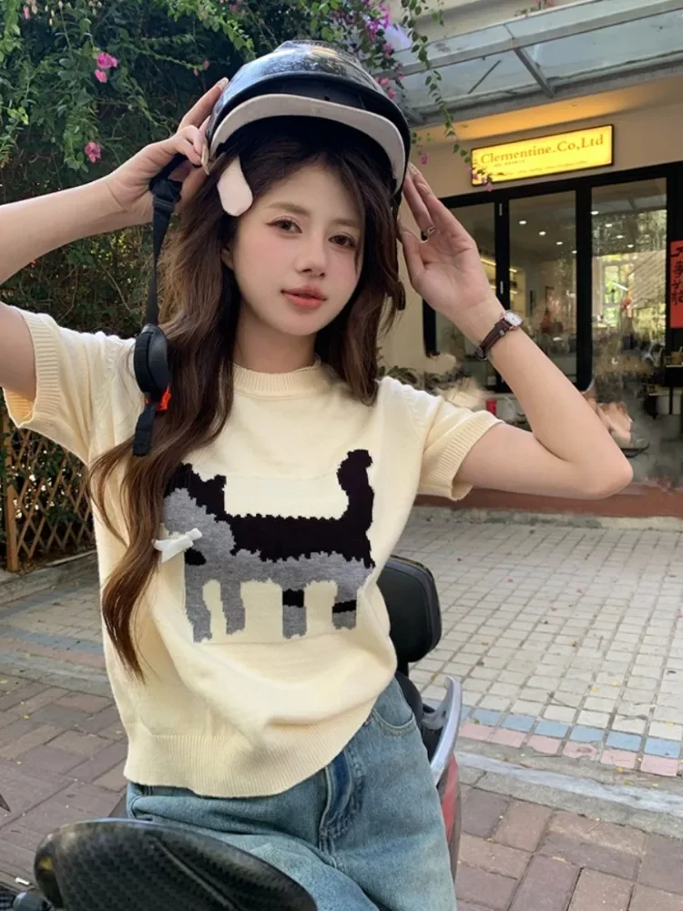 

2024, Ropa Mujer, вязаные укороченные пуловеры с героями мультфильмов, женская одежда, джемпер с короткими рукавами и бантом, женский повседневный модный свитер, топы