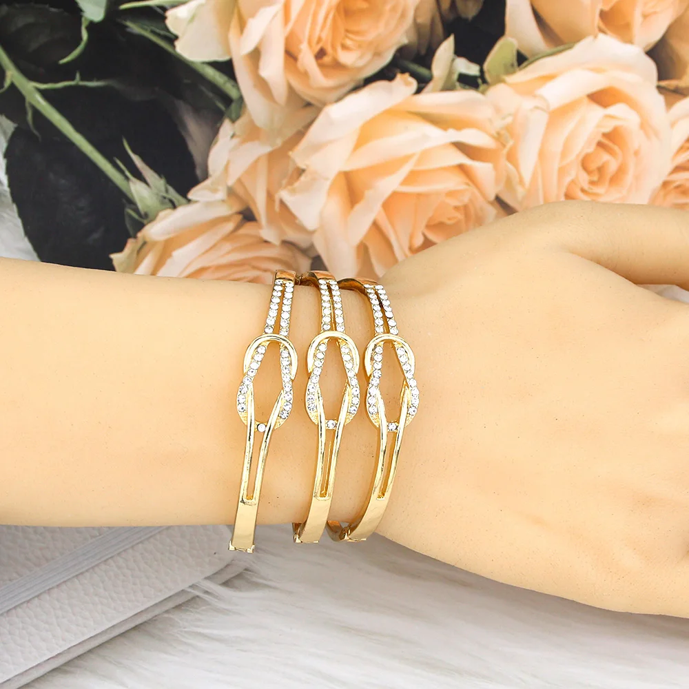 Sunspicems Fashion Gold Color Arabic Women Bangle Side Open Thin Bracelet Sets Crystal Bow Design Morocco Bridal Jewelry