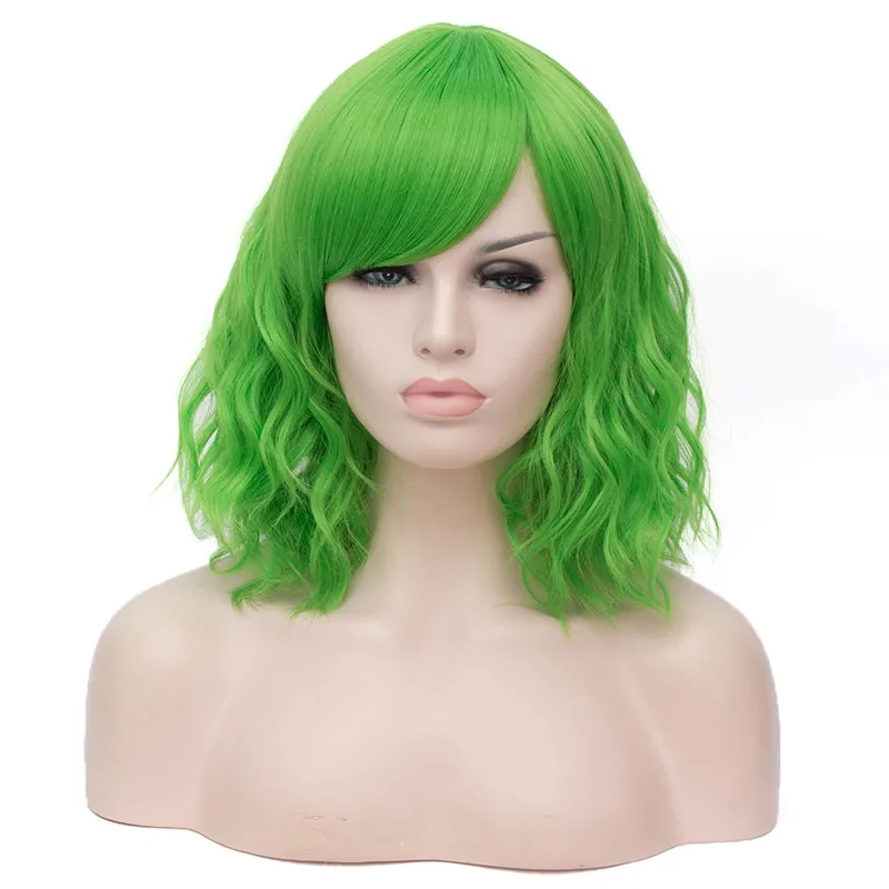 

Women's Synthetic Short Wavy Green Cosplay Wig With Bang Heat Resistant Lolita for Halloween Party Daily Use