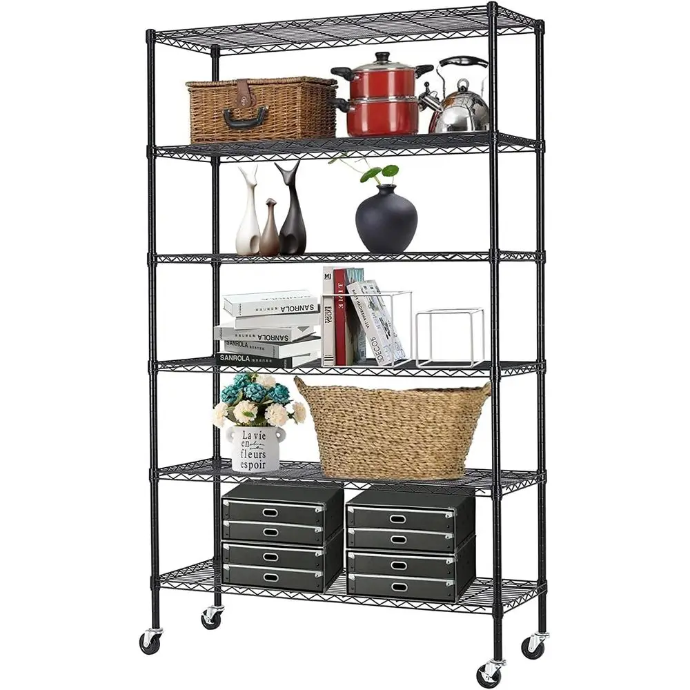 

Регулируемая металлическая проволочная полка на колесиках, 48x18x72, идеально подходит для кухни, кладовой или гаража, черная