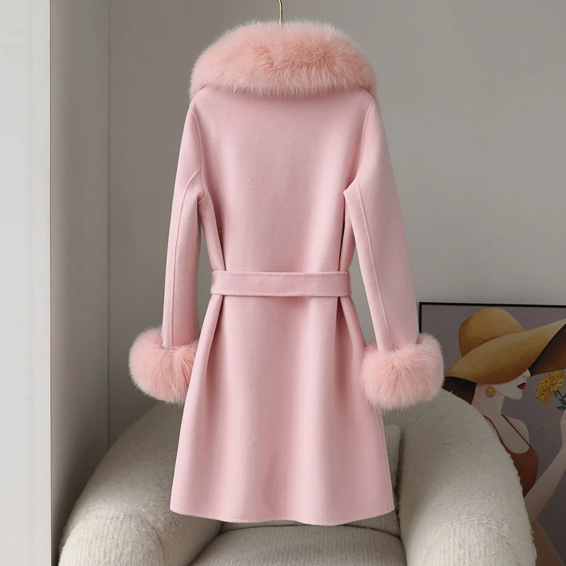 2023 New Cashmere Wool Coat Real Fox Fur Collar Fox Fur Cuffs Jacket Winter Long Loose Outerwear Wool Casaco Women With Belt