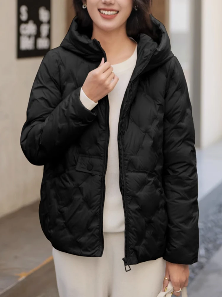 FTLZZ Autumn Winter Casual Lady Hooded Zipper Light Puffer Parka Outwear Women White Duck Down Coat Windproof Jacket