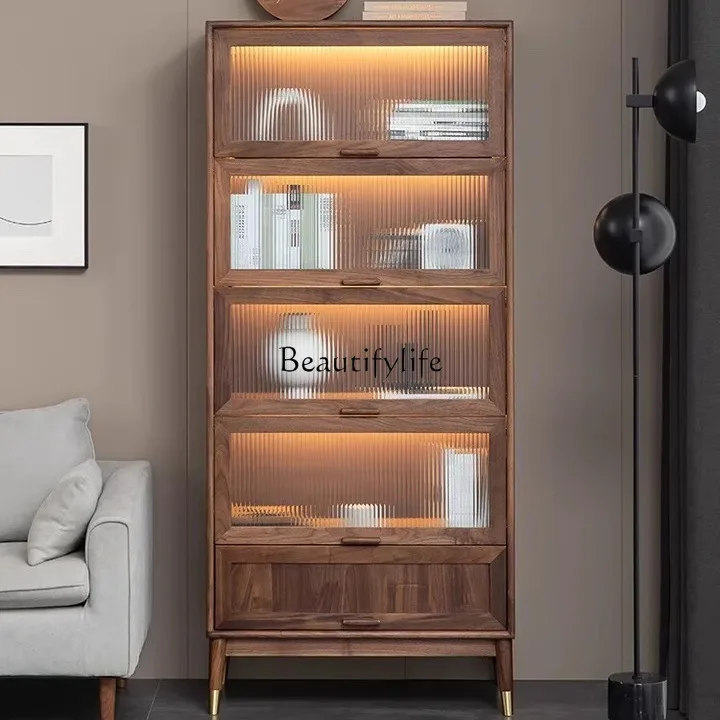 Black walnut all solid wood bookcase shelf dust-proof glass sliding door storage storage display cabinet