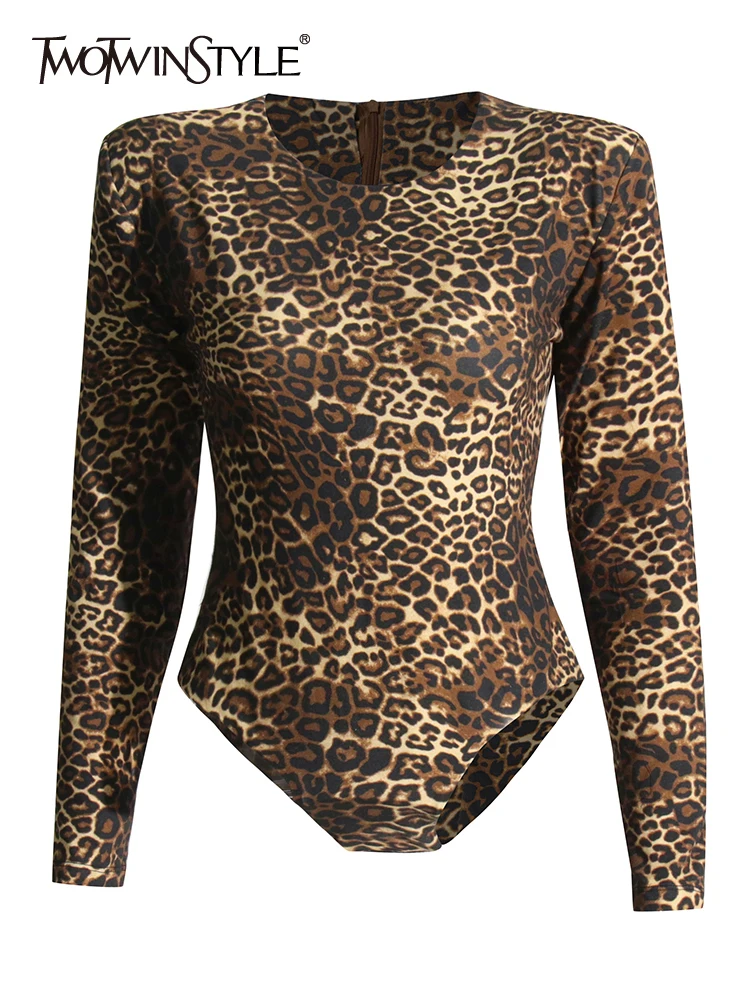 

TWOTWINSTYLE Colorblock Leopard Printing Slimming Bodysuists For Women Round Neck Long Sleeve High Waist Bodysuit Female 2023