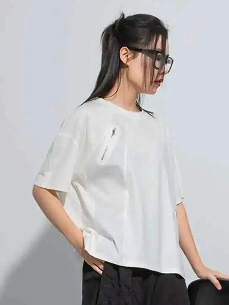 [EAM] Women Black Green Color-block Big Size Zipper T-shirt New Round Neck Short Sleeve Fashion Tide Spring Summer 2025 1DH5062 view 4