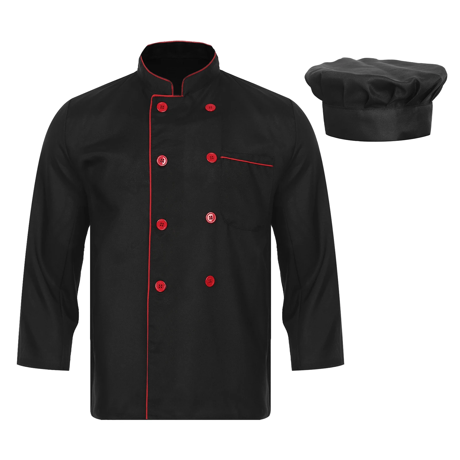 Men Adult Chef Jacket Cooking Set with Chef Hat Hotel Restaurant Kitchen Work Uniform Long Sleeve Double-Breasted Chef Shirts