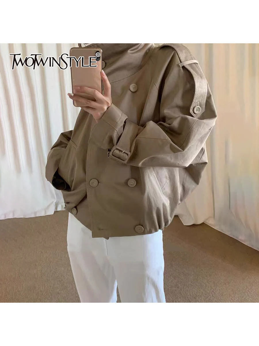 

TWOTWINSTYLE, свободные двубортные повседневные куртки для женщин, куртка со шнуровкой и длинными рукавами в стиле пэчворк, женская новинка