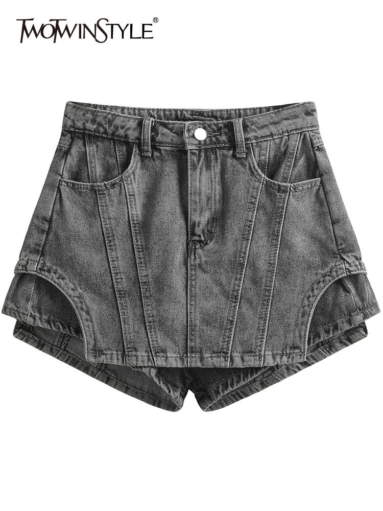 TWOTWINSTYLE Minimalist Denim Shorts For Women High Waist Patchwork Button Summer Irregular Shorts Skirts Female Fashion 2023