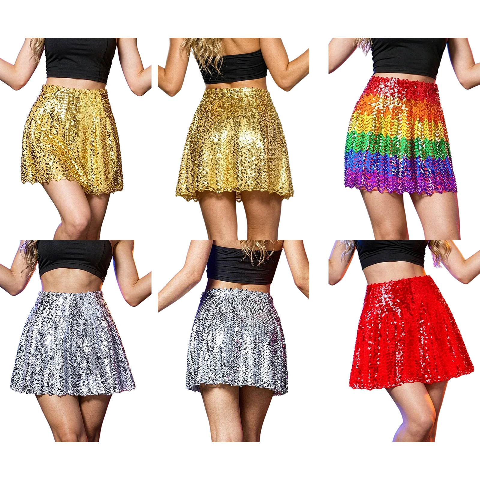 Women Cocktail Party Sequin Skirt High Waist Stretchy Flared Sparkly A-line Skirts for Night Out Jazz Dance Stage Performance