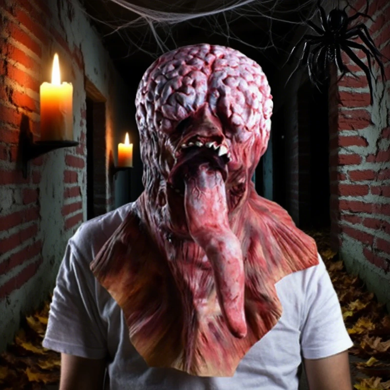 Nuovo copricapo horror di Halloween, maschera monster a lingua lunga, maschera smorfia horror, maschera da demone in lattice monster a lingua lunga.