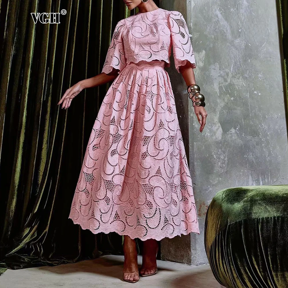 VGH Solid Elegant Two Piece Set for Women O Neck Half Sleeve Top High Waist Spliced Hollow Out A Line Skirt Outfit Female Summer