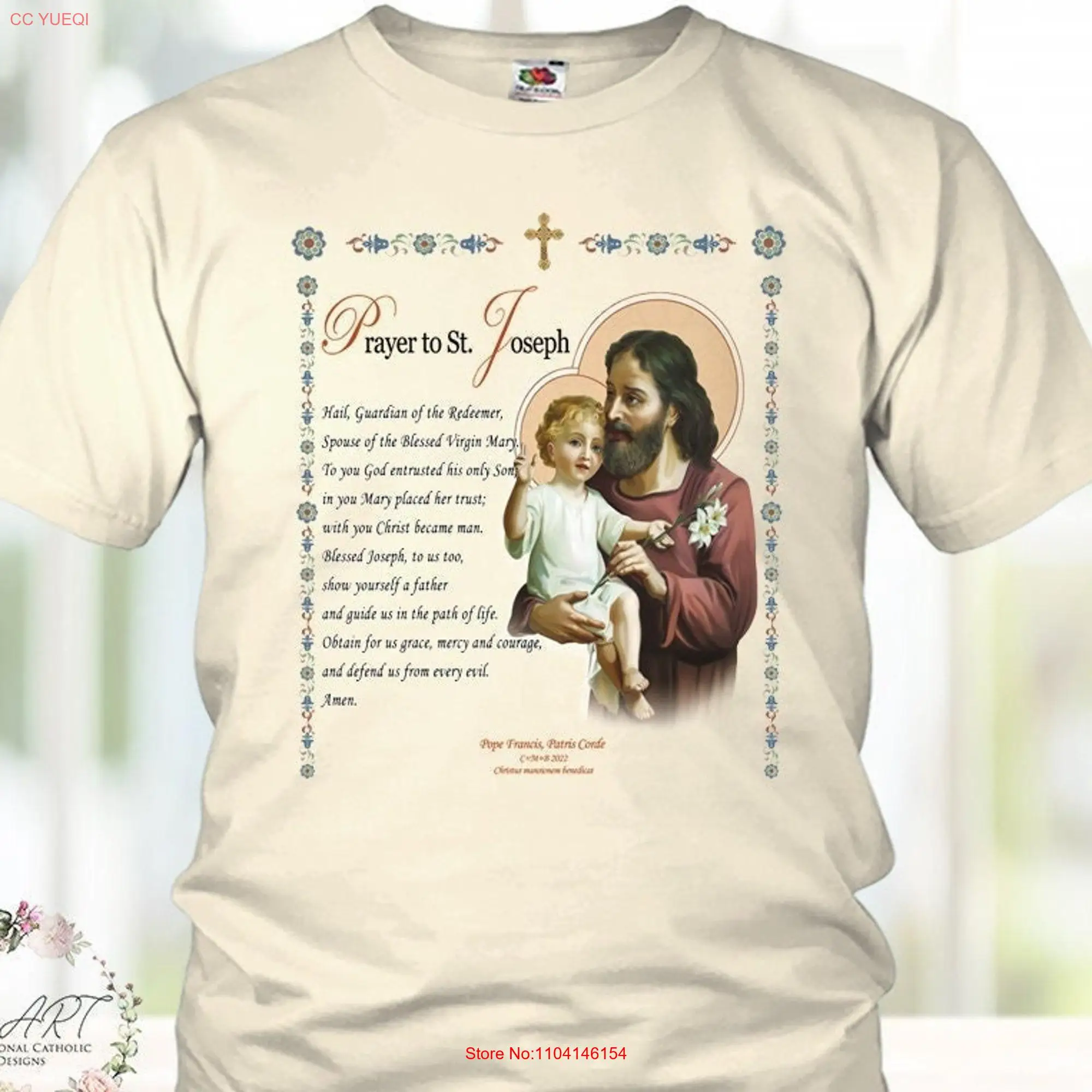 Vintage Catholic T SHIRT Prayer to St Joseph Pope Franciss Mug Religious Christian TEE Natural Beige All Sizes S 5XL