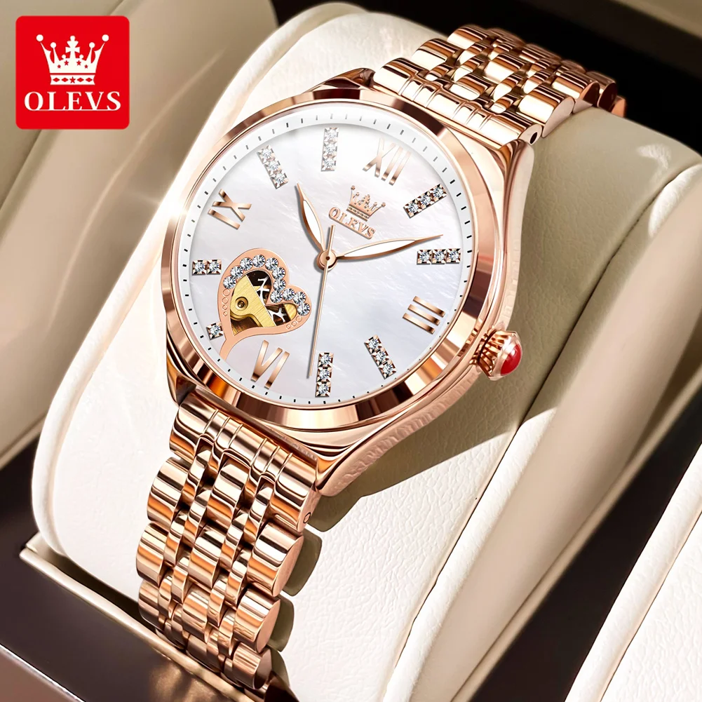 OLEVS Women's Watches Elegant Luxury Rose Gold Original Automatic Mechanical Wristwatch for Lady Hollow Out Lover Movement New