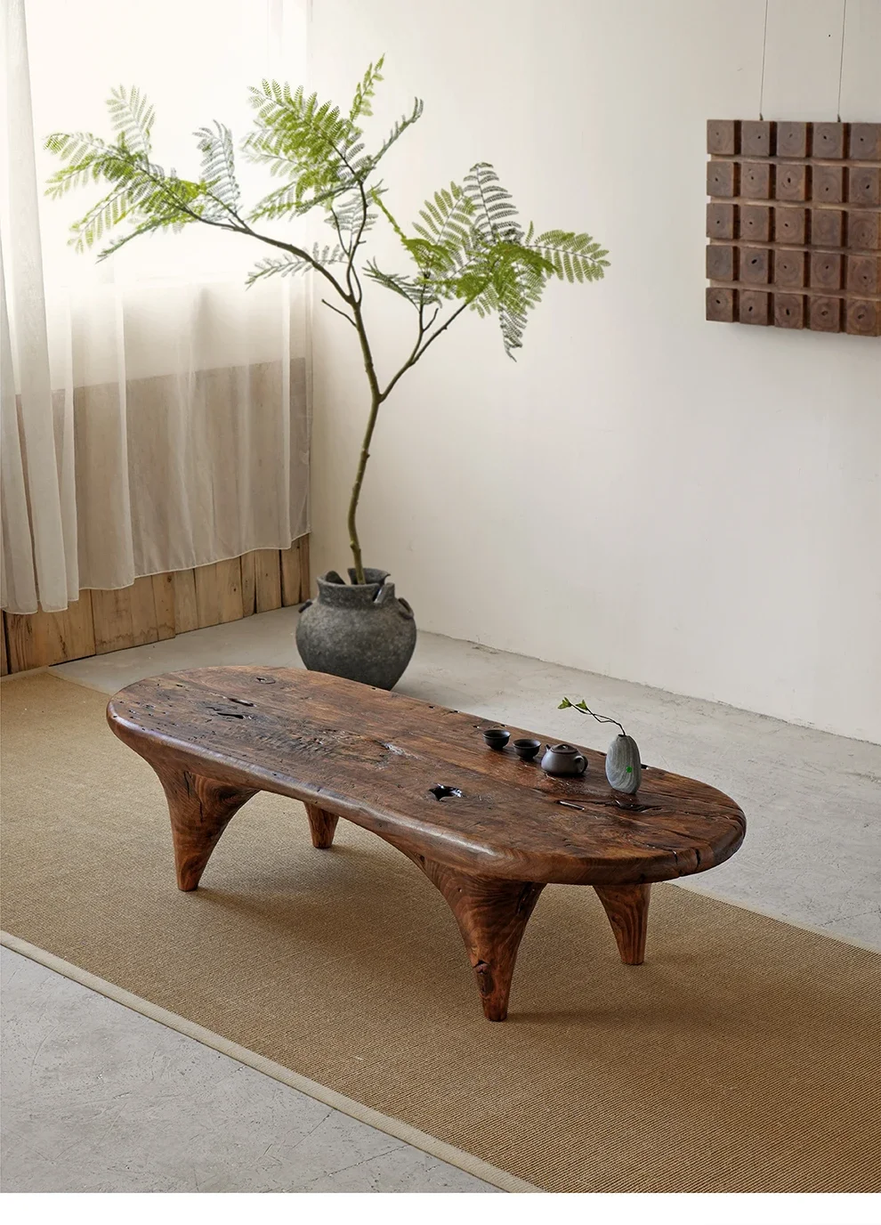 

S Silent Style Solid Wood Tea Table Tatami Kang Table Old Door Panel Wood Retro Nostalgic Zen Short Tea Table