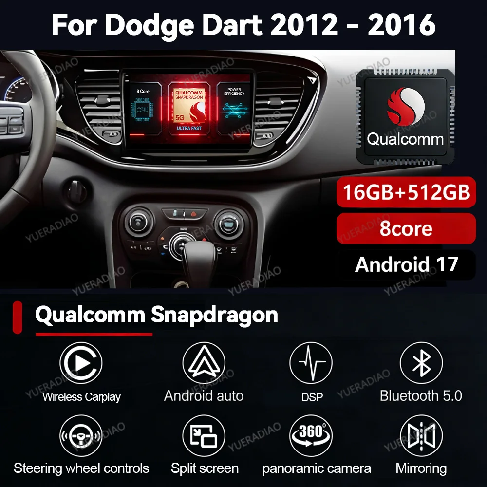 Radio para Auto Android 17 para Dodge Dart 2012-2016, Unidad Principal BT, 4G WIFI, Qualcomm GPS NAVI, Reproductor Multimedia 2DIN, Video, QLED, LTE 5G