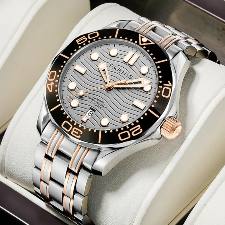 Parnis Herren-Automatikuhr, 42 mm, mechanische Armbanduhr, 50 m wasserdicht, leuchtender Saphirspiegel, Datum