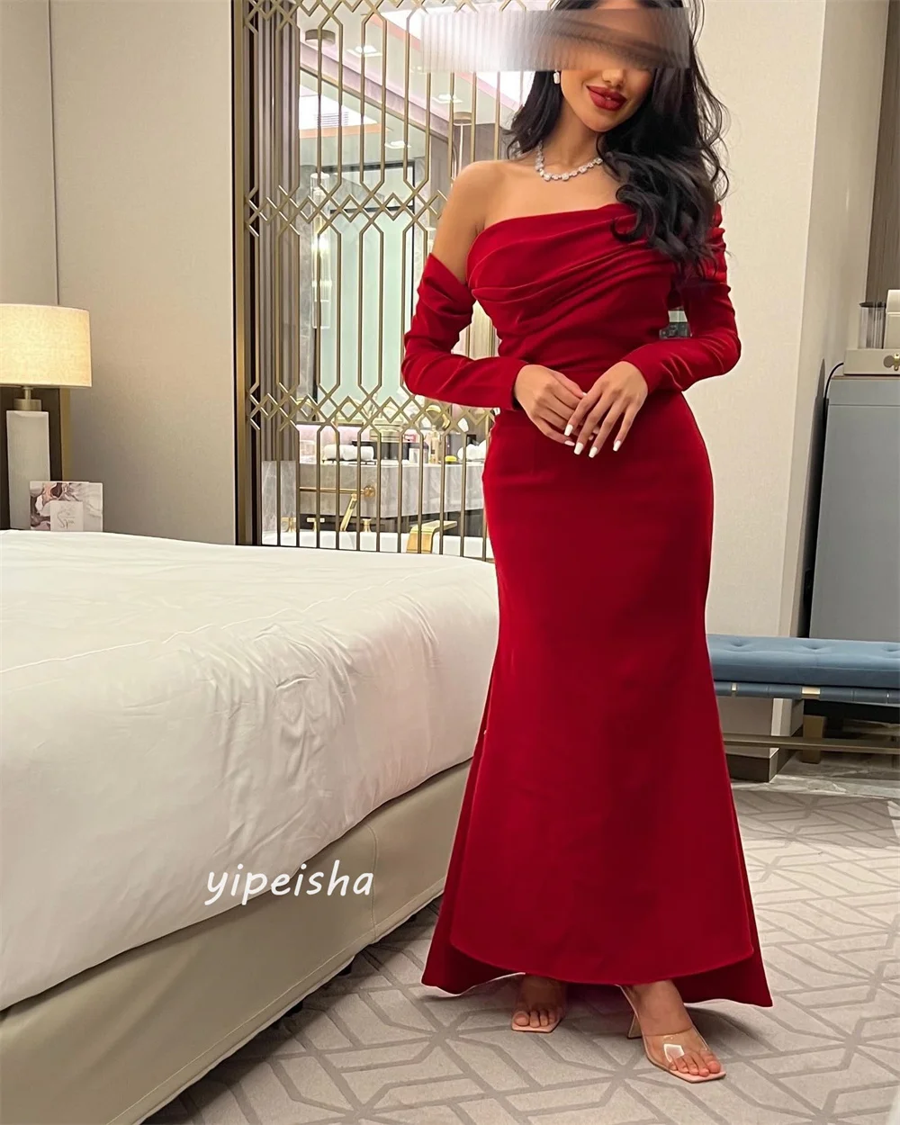 Jiayigong  Jersey Draped Pleat  A-line Off-the-shoulder Bespoke Occasion Gown Long Sleeve Dresses Saudi Arabia