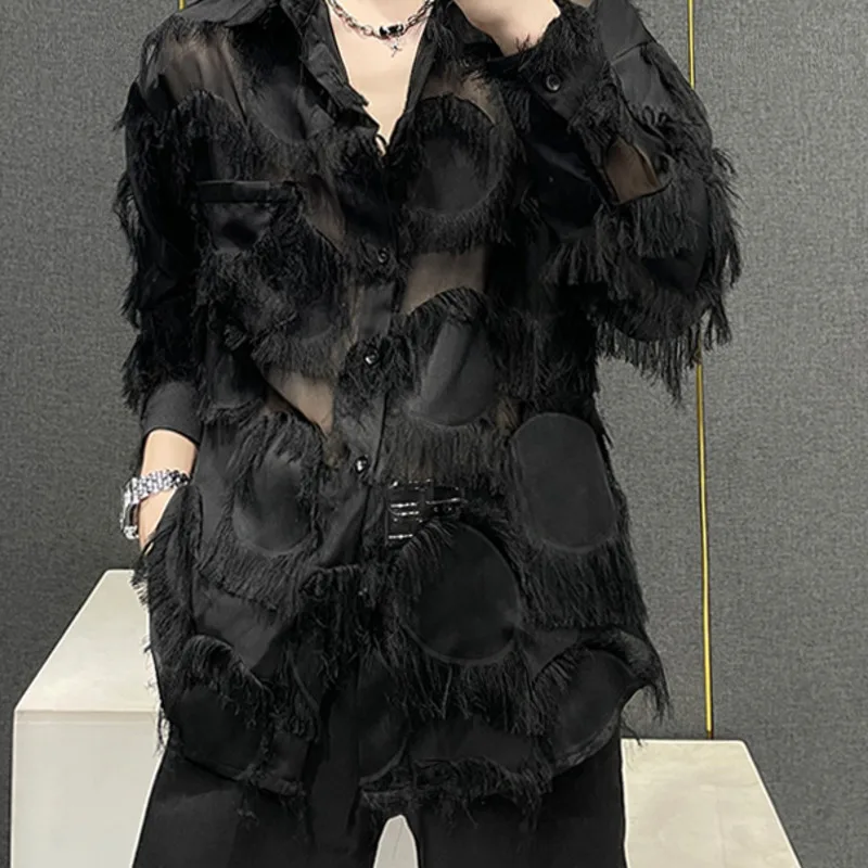 WVGA خريف جديد الرجال المد شارع العليا شبكة المرقعة قمصان طويلة الأكمام المتخصصة شيك عادية بدوره إلى أسفل طوق القمم Ins Y2K W13216 #5