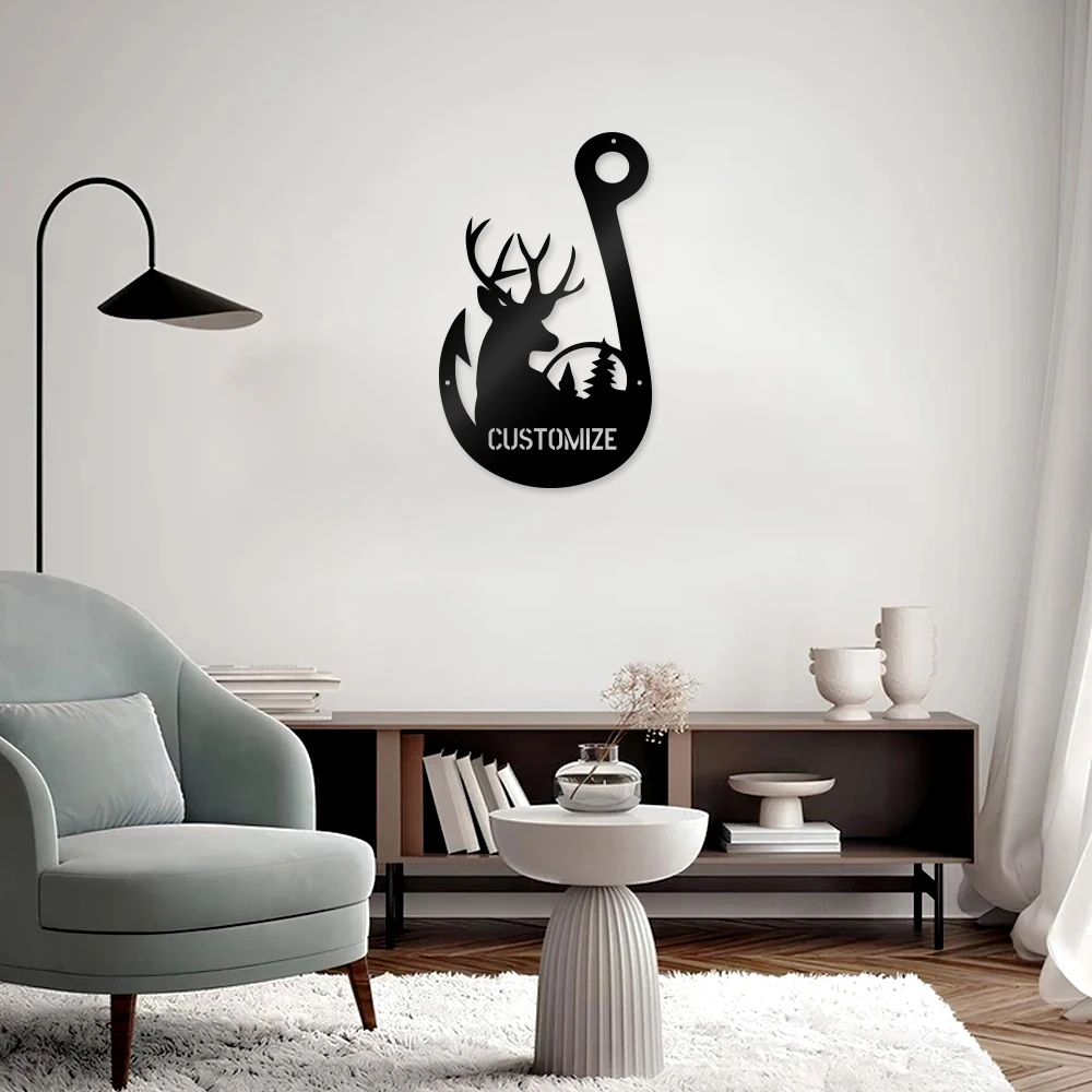 

1pc Fishhook deer Customized Name Metal Wall Signs Iron Wall Plaque home decor