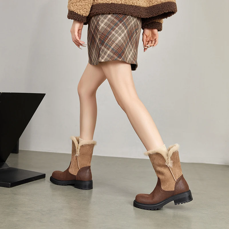 

Women's Winter Boots Mid-Calf with Non-Slip Sole & Plush Lining | Genuine Leather, Two-Tone Design for Office & Daily Wear