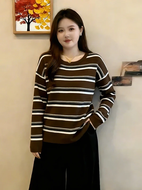 

Женский вязаный топ больших размеров с длинным рукавом, в полоску, свободного кроя, базовый слой, стройнящий, модный, в корейском стиле, для повседневной носки