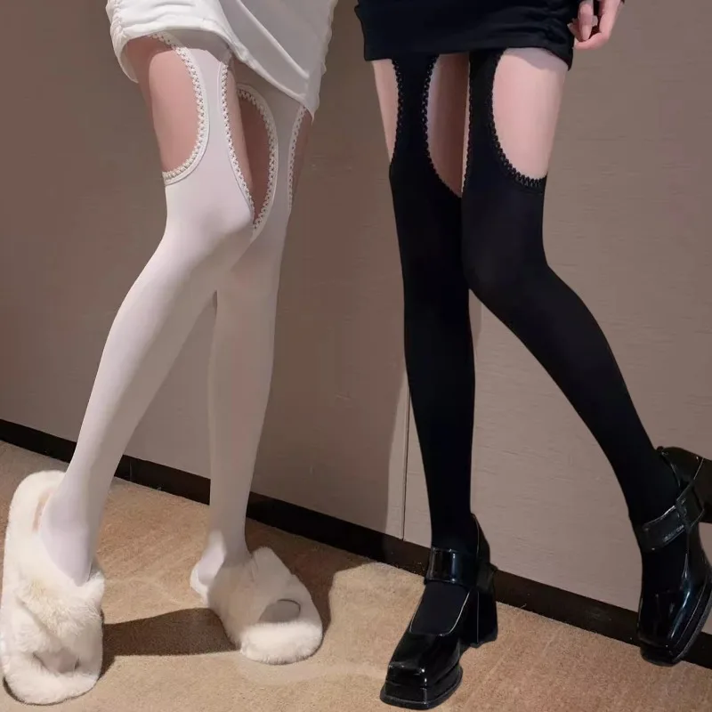 

Модные черно-белые бархатные колготки, сексуальные кружевные вырезы, эластичные чулки Jk с поясом, высокие носки до бедра, колготки в стиле Харадзюку