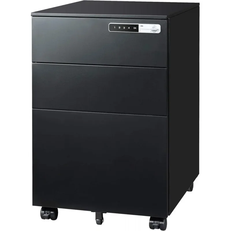 3 Drawer File Cabinet with Combination Lock, Fully Assembled Metal Filling Cabinet Except Wheels, Mobile Under Desk File Cabinet