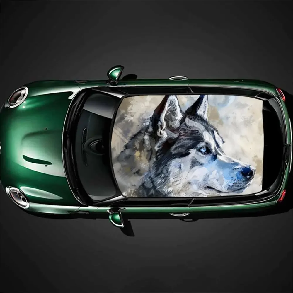 

Alone Husky Animal Dog Car Roof Sticker Wrap Racing SUV Auto Accessories Packaging PVC Car Hood Graphic Decal Decoration