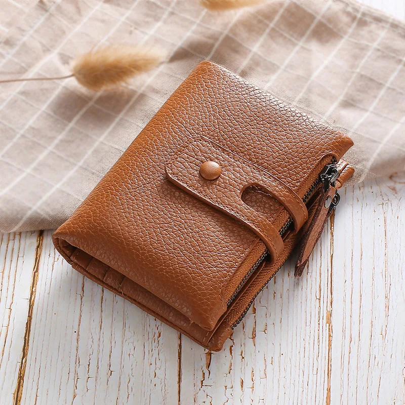 Ladies' short wallet, soft leather top layer cowhide anti-theft brush, double zipper multi-slot multi-functional wallet