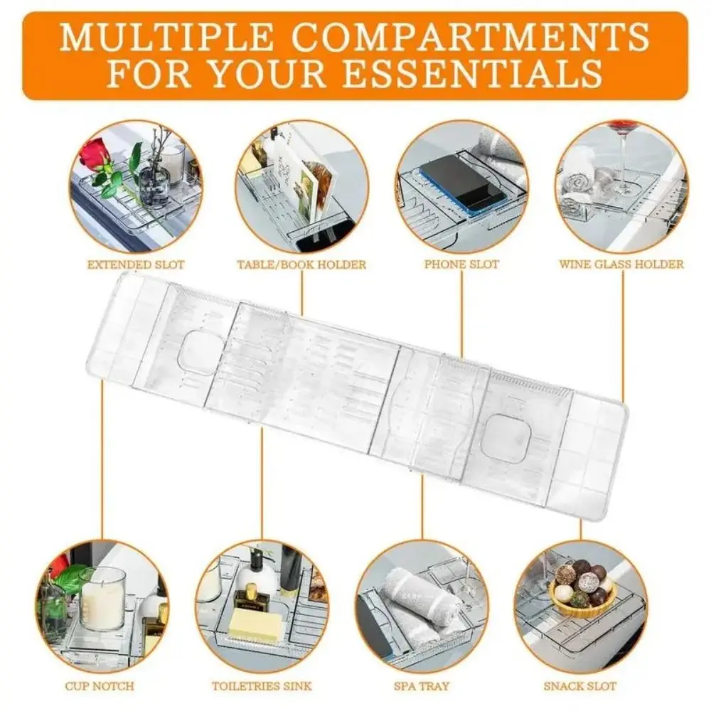 

Transparent Bathtub Holder Tray Adjustable Waterproof Bathroom Shelf Organizer Easy Clean Expandable