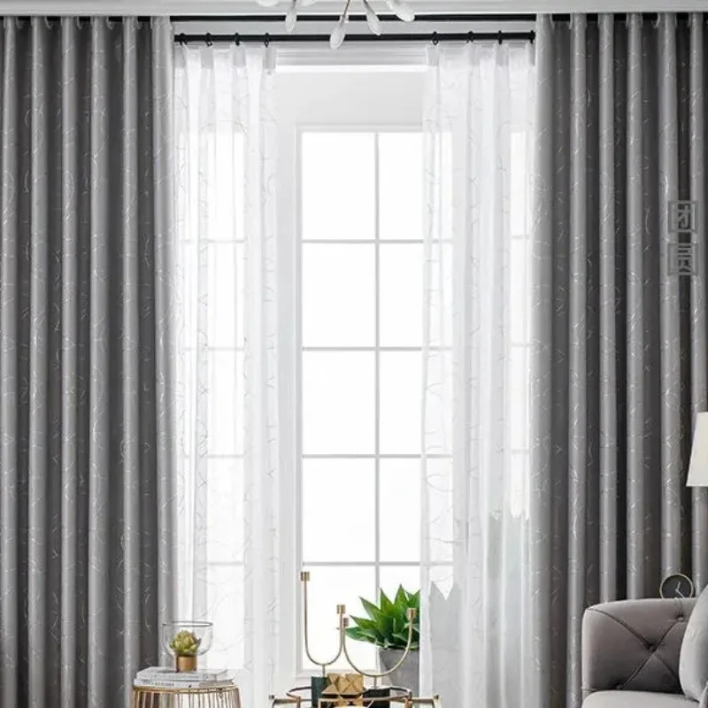 

LightBlackout Curtains New Simple Modern Light Luxury Thickening Curtains for Living Dining Sunshade Fabric Custom White Tulle