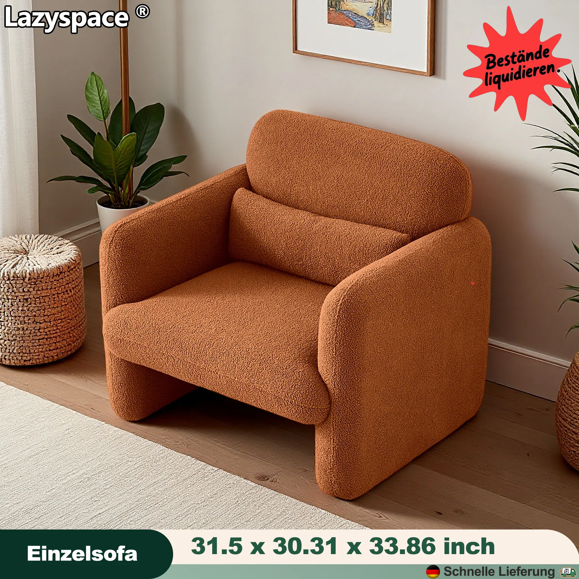 Lazyspace Sillón para sala de estar, sofá individual, sofá ligero de lujo para sala de estar, sofá individual de tela polar suave, silla individual