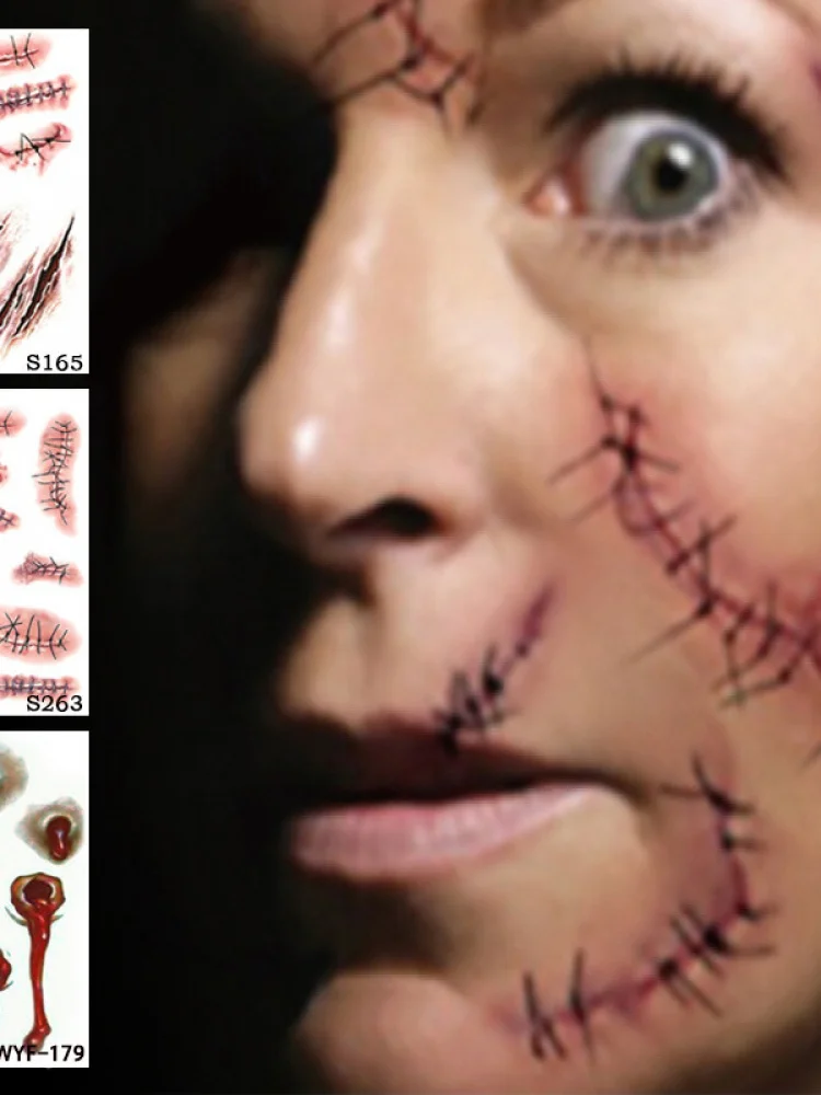 Tatuaje impermeable Stiers loween Par herida Reatic mancha de sangre cicatriz broma Stiers aguja costura aspecto auténtico