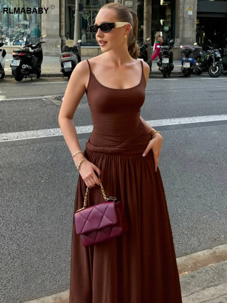 RLMABABY مثير السباغيتي حزام عارية الذراعين الملتوية Ruched المرأة Bodycon فستان طويل بلا أكمام منخفضة الرقبة الشارع الشهير غمد فستان ماكسي #5
