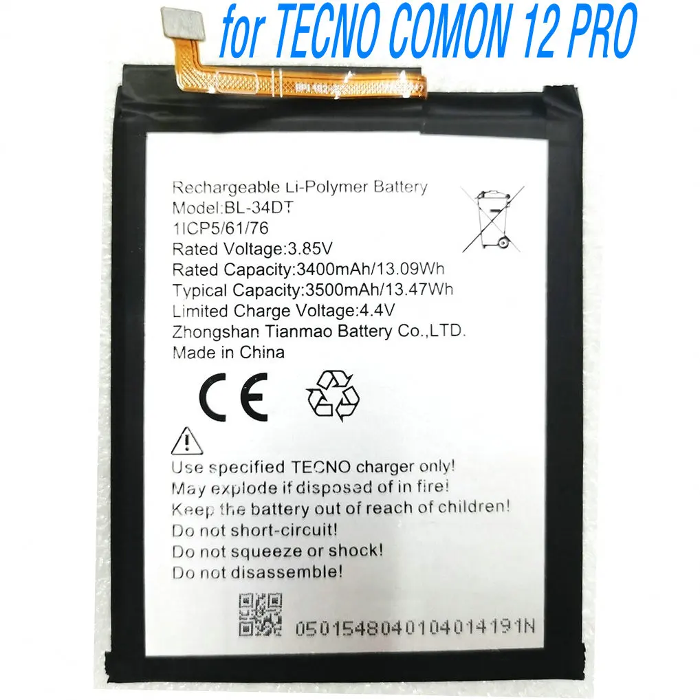 3.85V 13.47Wh BL-34DT Replacing Lithium-ion Polymer Battery for TECNO COMON 12 PRO Mobile Phone