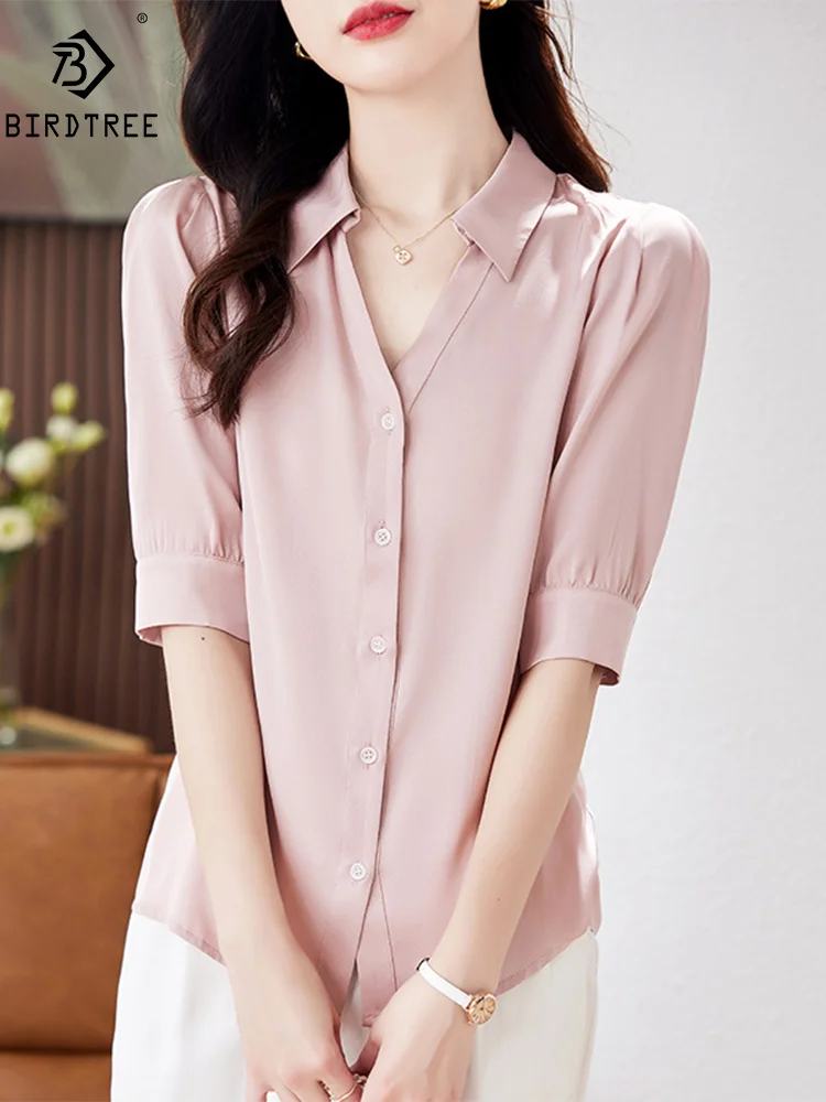 

BirdTree, 90%Natural Silk Elegant Shirt, Women Short Sleeve Polo Neck Solid, Commute OL Fashion Blouses, Summer Autumn T47582QM