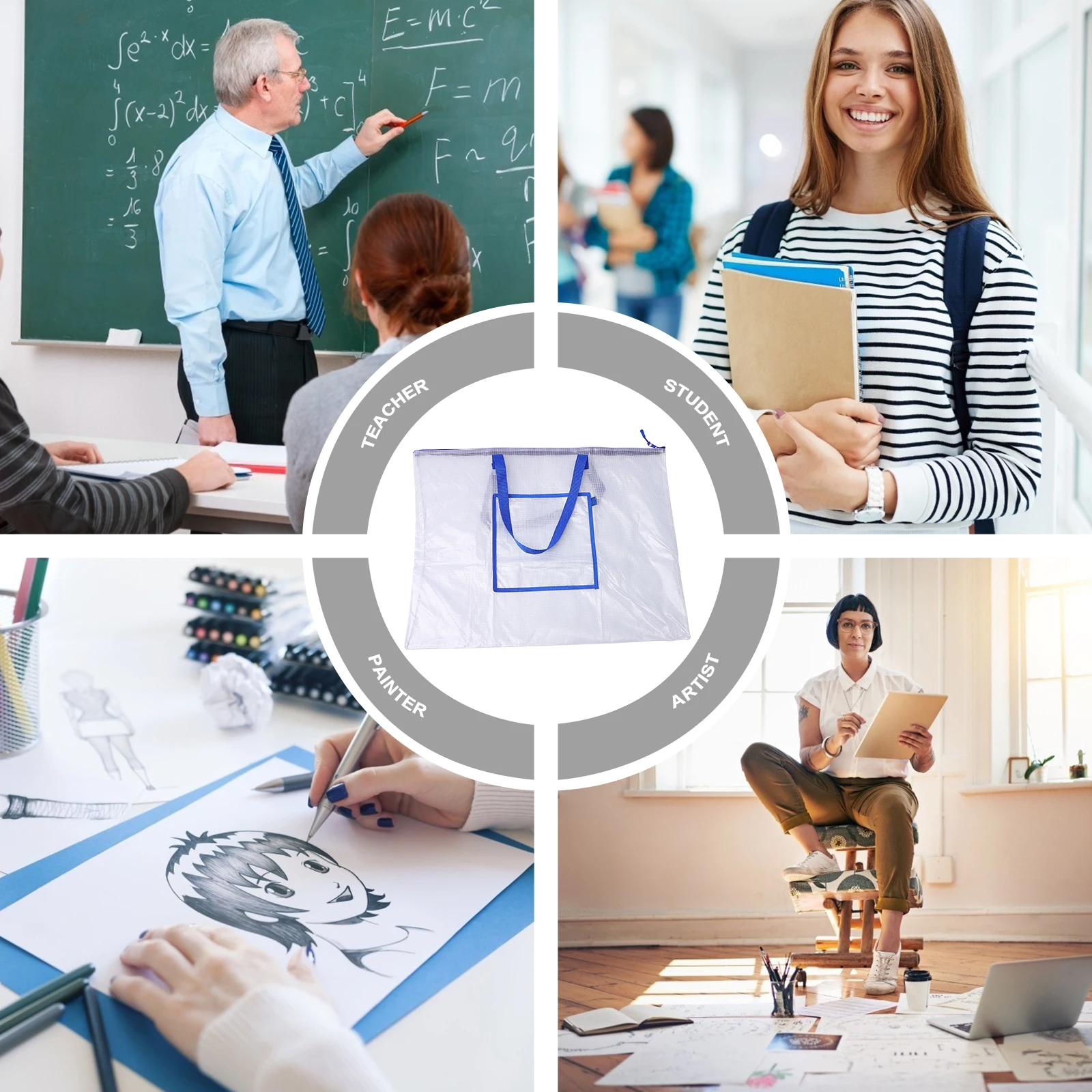 حقيبة محمولة كبيرة وواضحة فنية من مادة PVC لوحة ملصق للتخزين منظم للطلاب والمعلمين والرسامين