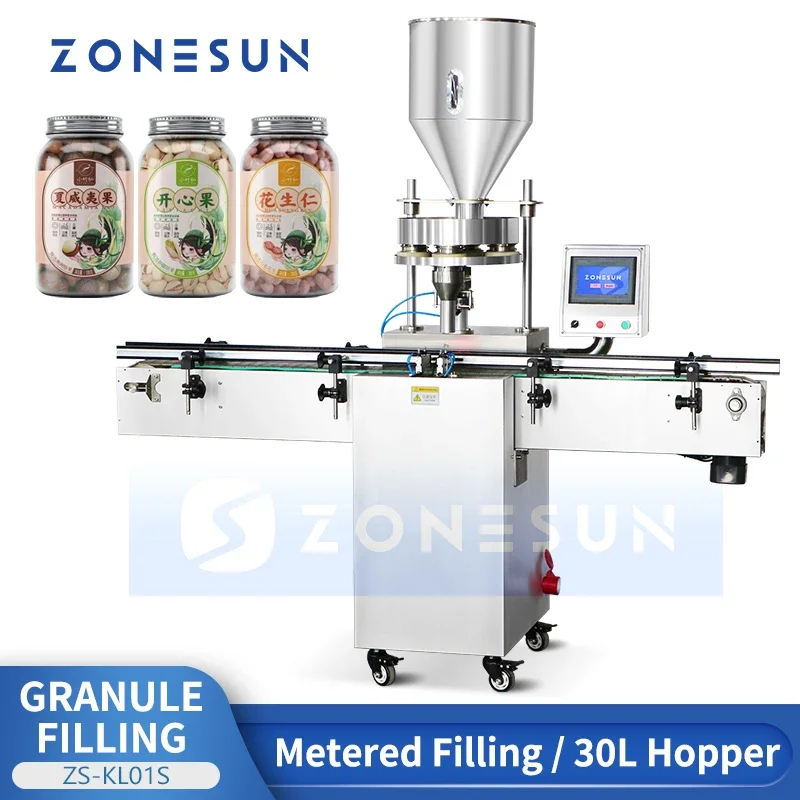 ZONESUN Automatic Volumetric Rotary Cup Filling Machine 30L Hopper Granule Filler  Equipment Peanuts Packaging ZS-KL01S