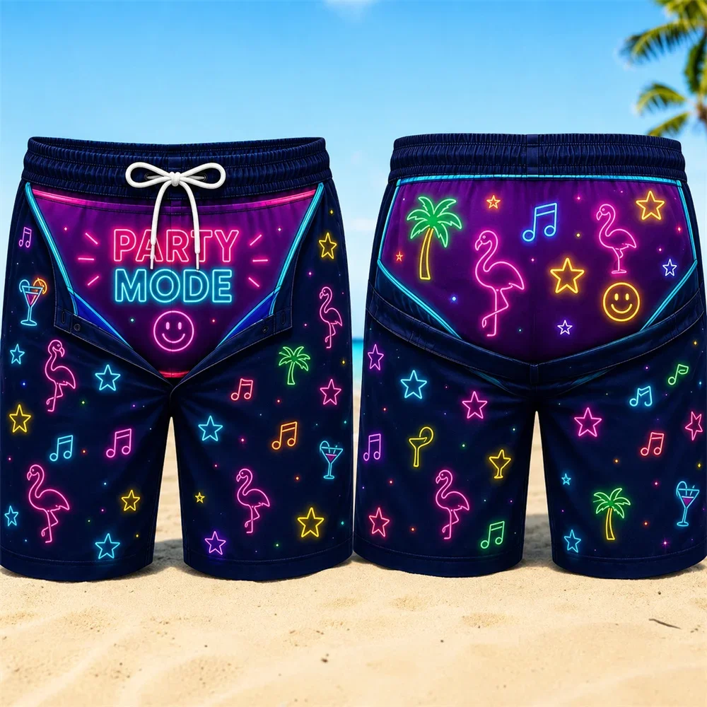 Men Funny Fake Two‑Piece Swim Shorts UFO Alien Print Green Bikini Waist Gag Beach Board Shorts