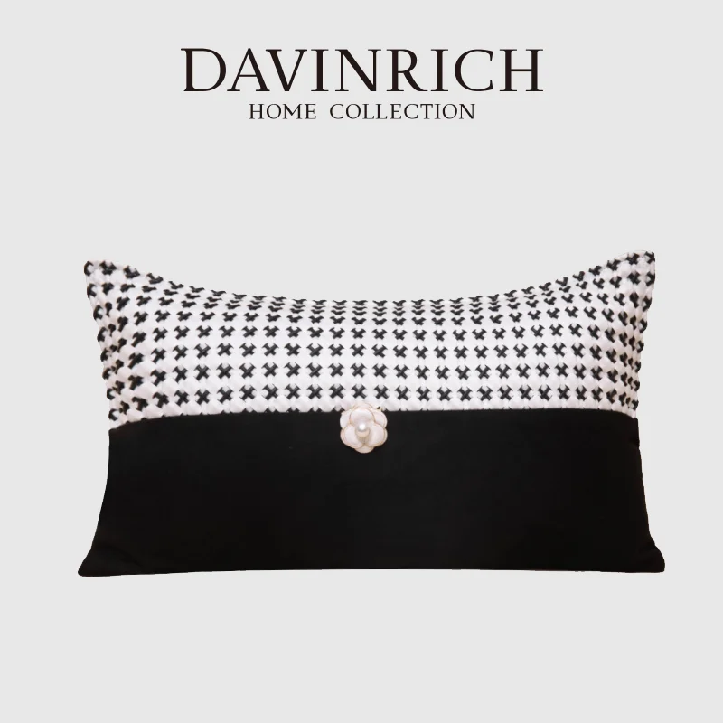 DAVINRICH Black And White Checkered Cushion Cover With Camellia Ornament Sophisticated Touch Lumbar Pillow Case Woven Elegant