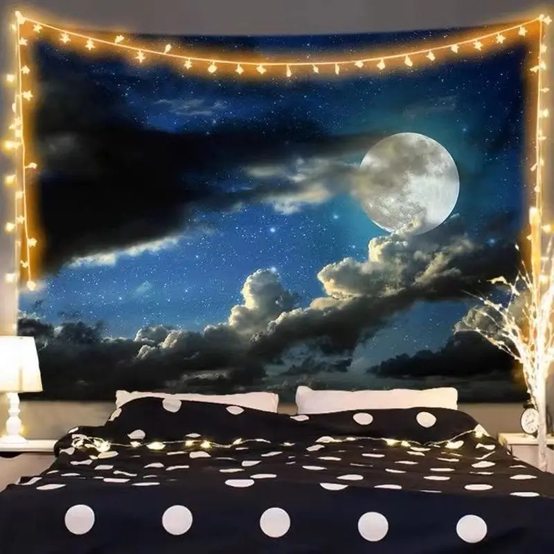Starry Sky Full Moon Cloud Sea Tapestry Background Fabric High Definition Wear resistant Fabric, Living Room Decoration