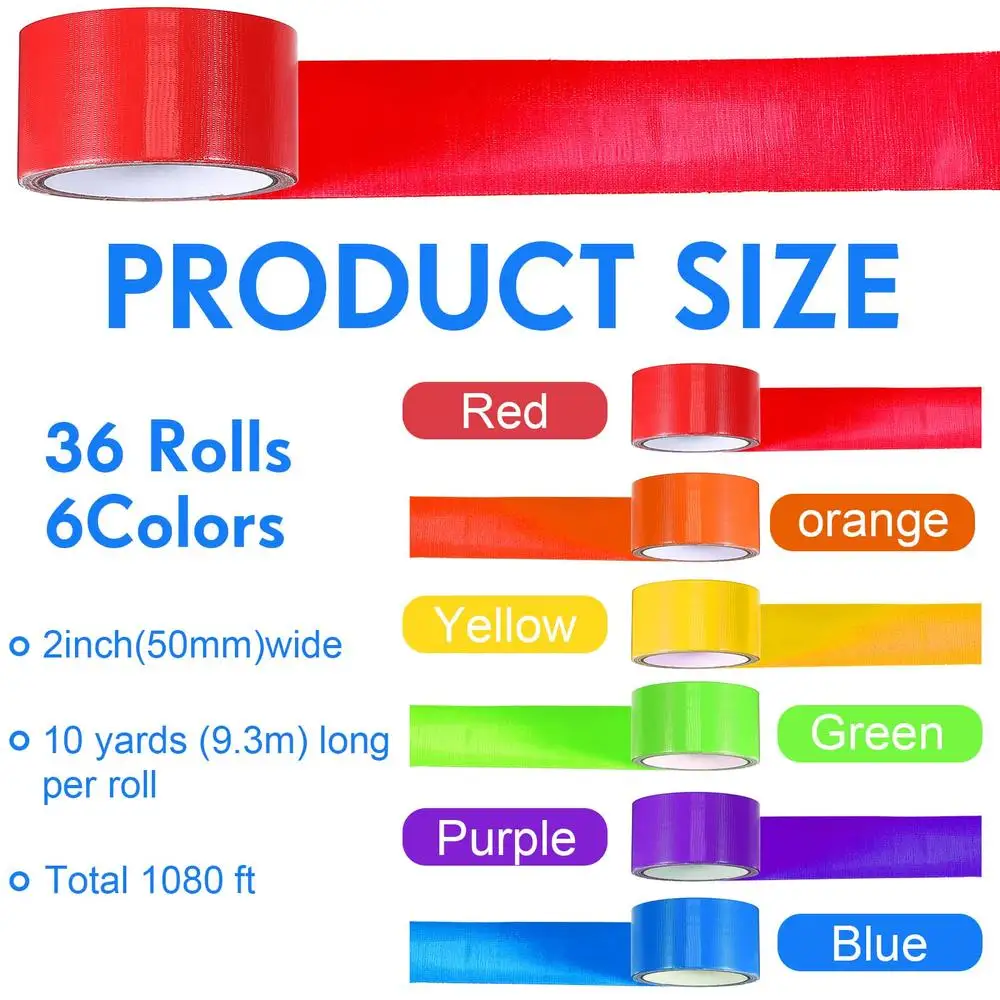 36 Pack Rainbow Duct Tape Set 10 Yards x 2 Inch Heavy Duty Waterproof Crafts Packaging Markers Kit